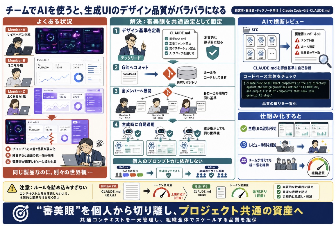 チーム全体でAIを利用する際、生成コードのデザイン品質がバラバラになる