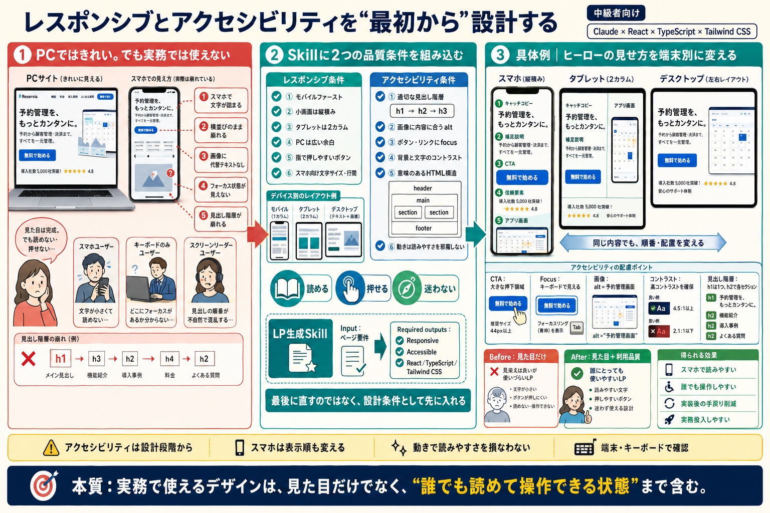 レスポンシブ対応やアクセシビリティが後回しになり、実務で使えない