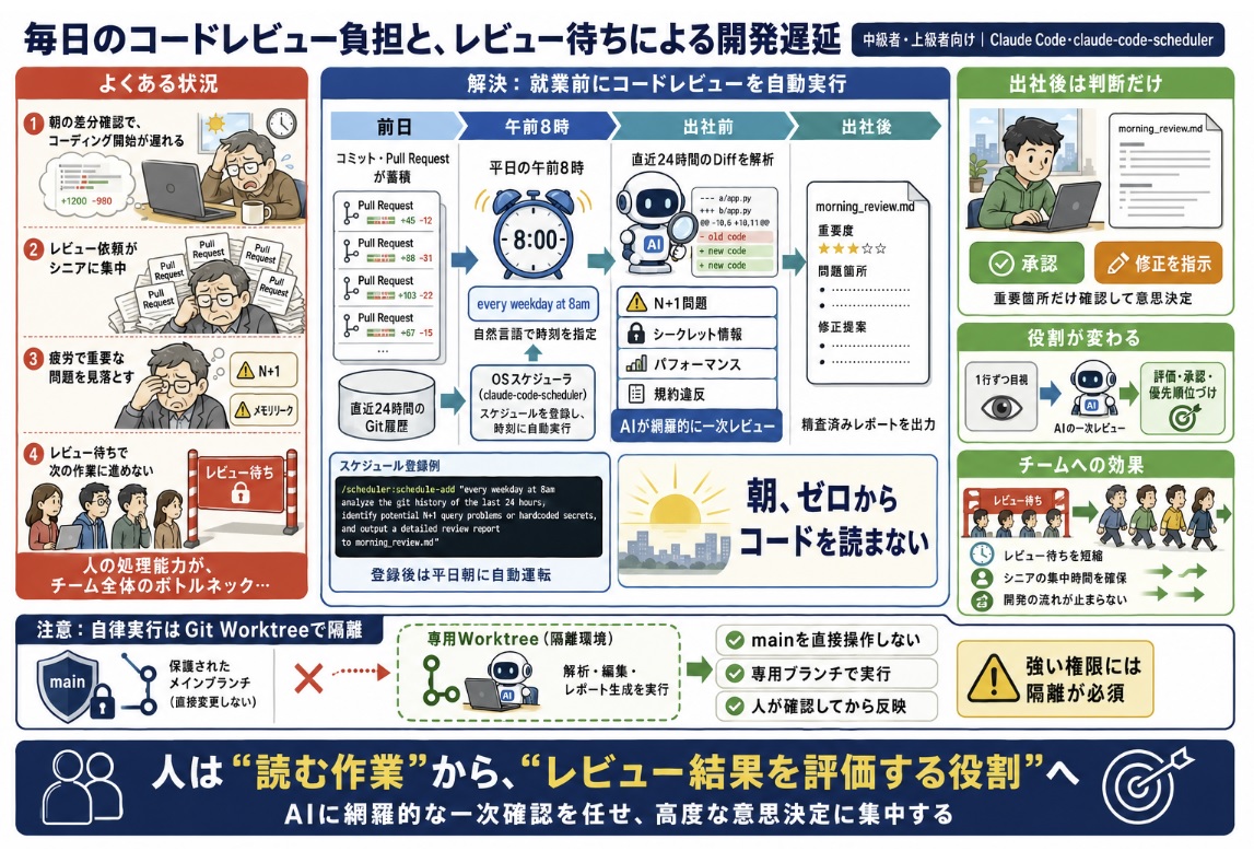 毎日のコードレビューの負担を軽減し、レビュー待ちによる開発の遅れを解消したい。