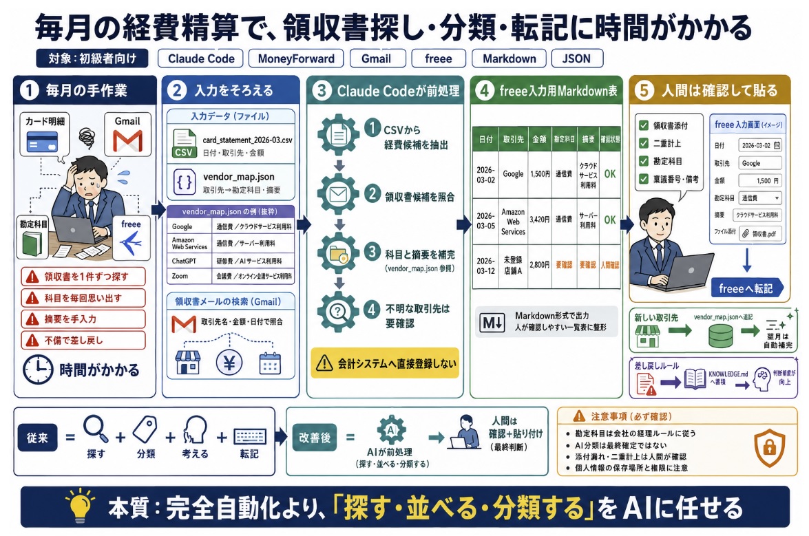 毎月の経費精算で、領収書探し・分類・転記に時間がかかる